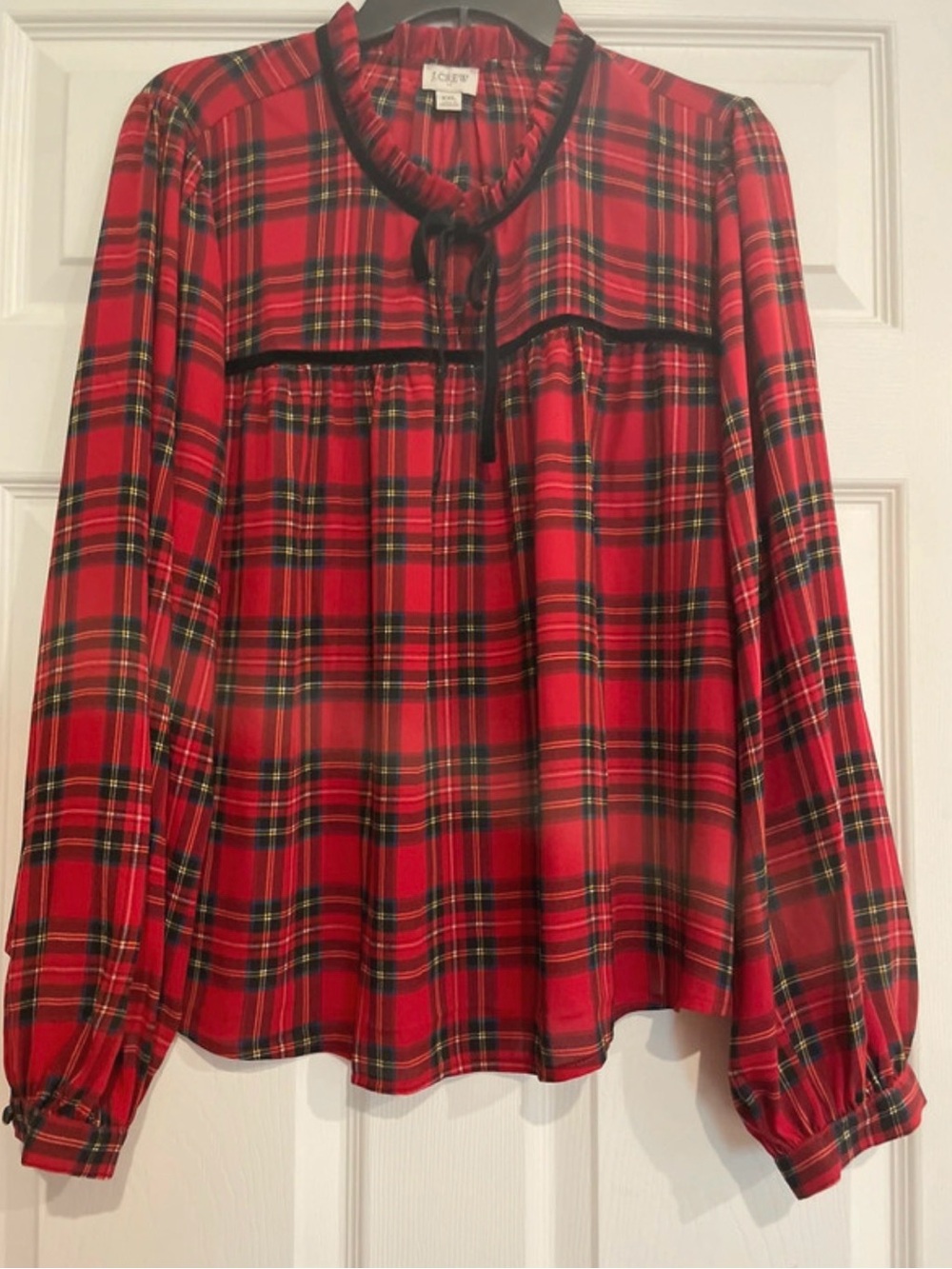 J. Crew Red Plaid Ruffle-Neck Long-Sleeve Blouse Size XXL